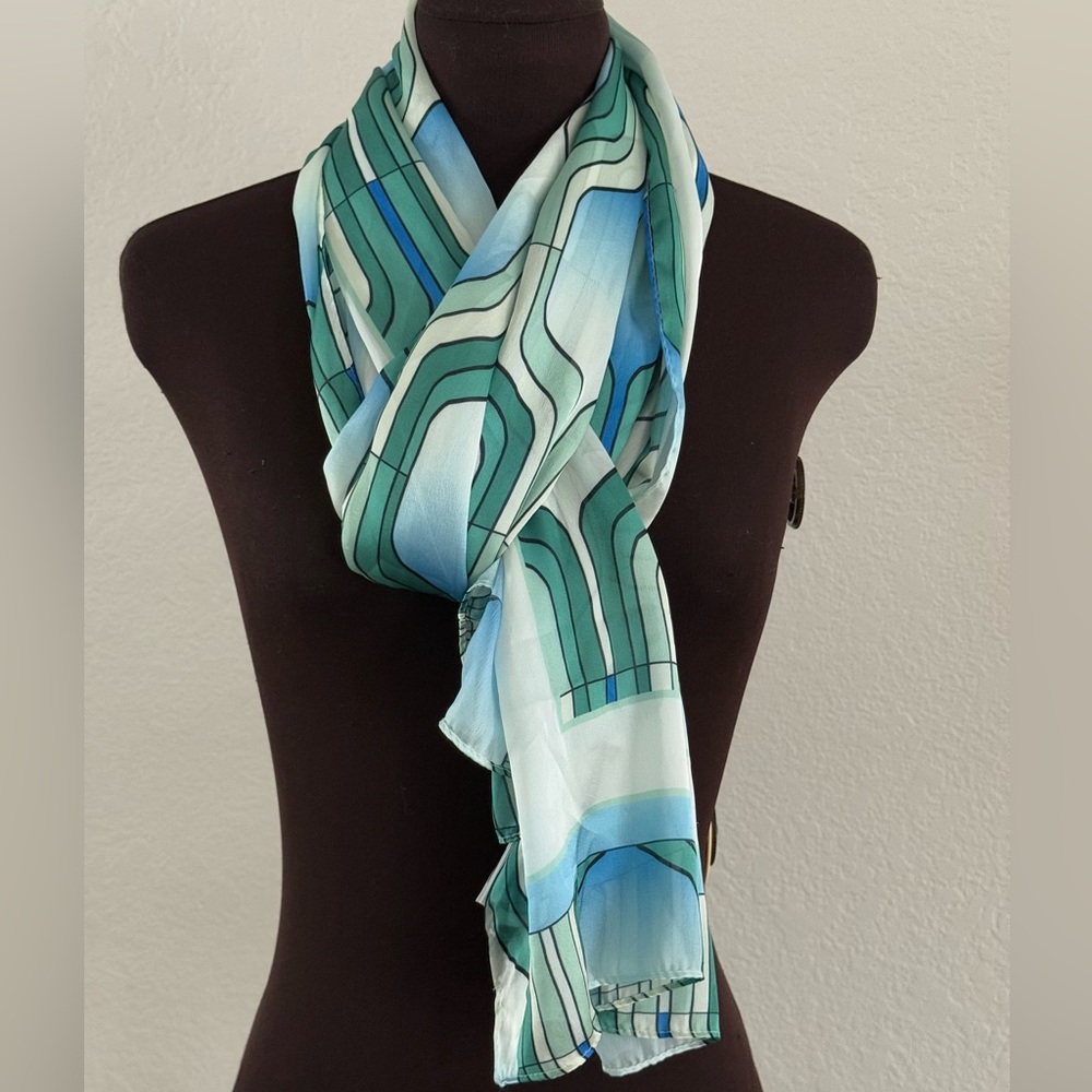 Marella “Savana” Geometric Print Silk-Blend Stole / Scarf – Blue & Green NEW